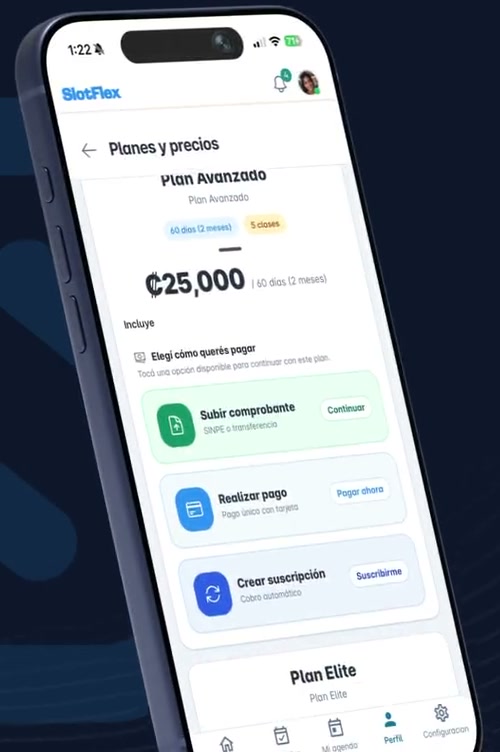 Detalle de un plan en SlotFlex con opciones para subir un comprobante, realizar un pago o crear una suscripción