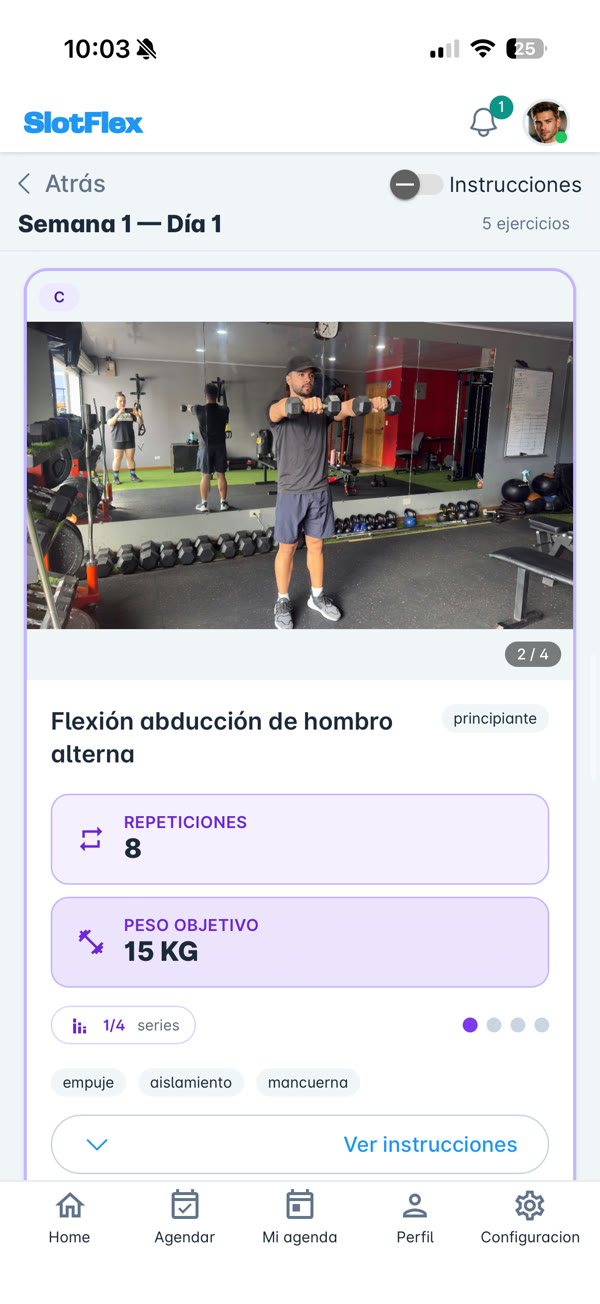 Rutina de SlotFlex con demostración del ejercicio, repeticiones y peso objetivo