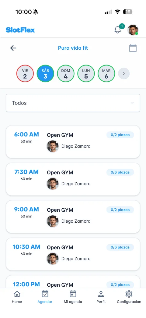 App SlotFlex: agenda de clases con horarios, instructores y cupos disponibles