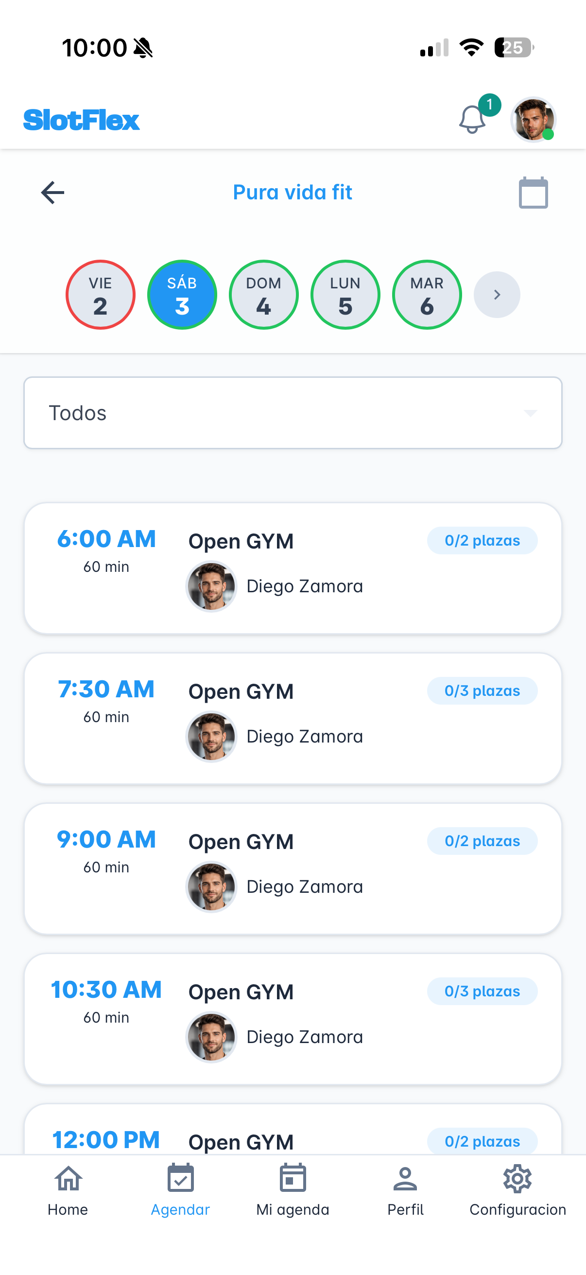 Pantalla de reservas de SlotFlex